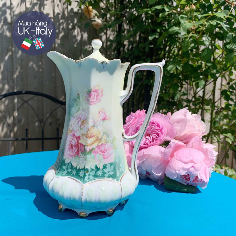 Ấm RS Prussia dáng cao xanh, hoa hồng c.1900