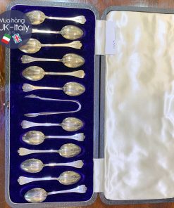 Bộ 12 thìa bạc và gắp đường nguyên chất cổ Anh