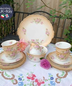 Bộ tách cổ 6 người men bích quy hoa hồng phấn kèm ấm ghép (22 món)