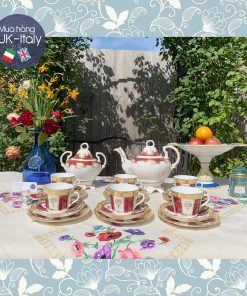 Bộ tách 21 món cổ Staffordshire vẽ tay đỏ vàng