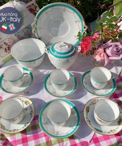 Bộ trà 4 người Xanh ngọc lam vẽ tay thời Victorian