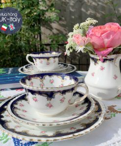 Bộ tách cổ 2 người xanh cobalt hoa hồng vẽ tay Crown Staffordshire