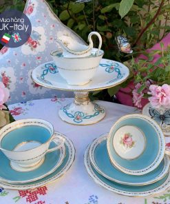 Bộ tách 2 người New Chelsea xanh biển hoa hồng vẽ tay c.1930