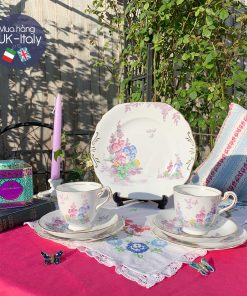 Bộ trà 2 người vẽ tay lilac hoa bướm c.1940