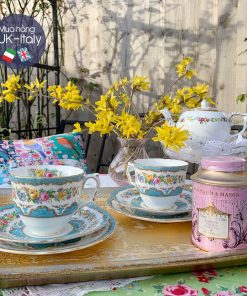 Bộ tách 2 người Crown Staffordshire xanh biển hoa hồng kèm ấm và đĩa bánh tầng (8 món)