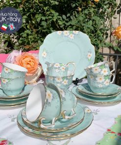 Bộ tách 6 người Crown Staffordshire xanh hoa trắng c.1930