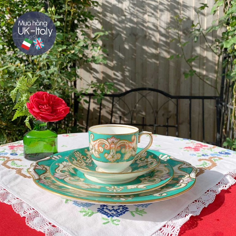 Bộ tách cổ Victorian 2 người xanh ngọc lục bảo mạ vàng tay (7 món)