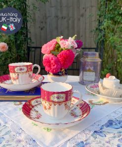 Bộ trà, cafe 2 người tách cổ hiếm đỏ maroon vẽ tay