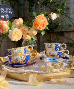 Bộ tách True Trio cổ siêu hiếm Coalport xanh cobalt vẽ cảnh