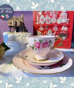 Bộ tách Tuscan x 2 Trios cho 2 người hoa hồng vẽ tay c.1947