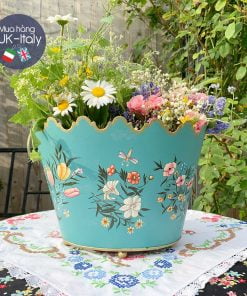 Chậu sắt Decor xanh ngọc lam xẽ bướm, chuồn chuồn, hoa