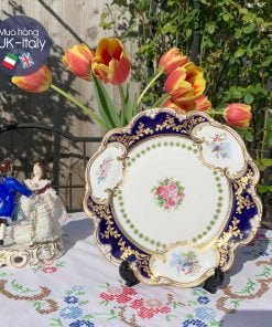 Đĩa bánh cổ viền nổi gân gốm sóng vẽ tay chim thế kỉ 19