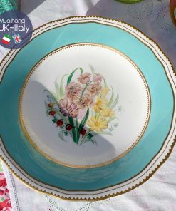 Đĩa chân thấp cổ Copeland xanh ngọc vẽ hoa cỏ thuỷ tiên