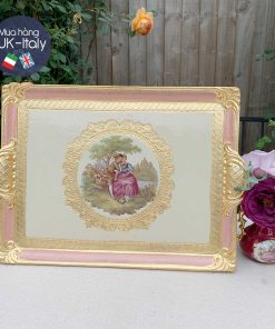 Khay gỗ nghệ nhân Florence - đôi uyên ương, viền hồng, size L (241/GJR-4)