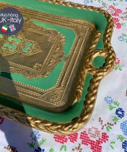 Khay chữ nhật chạm trổ viền xanh lá cây L 43 x 29cm (110-MGTR-3)