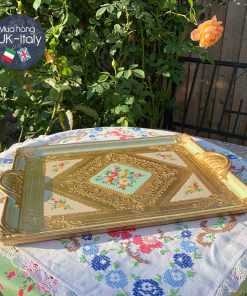 Khay chữ nhật vẽ hoa 4 góc xanh sage 42 x 32cm (241-PGFA-4)