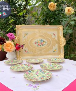 Khay gỗ Florence chữ nhật trắng cổ vẽ hoa hồng (M)