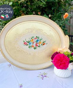 Khay gỗ Florence Oval trắng vẽ hoa (size L)