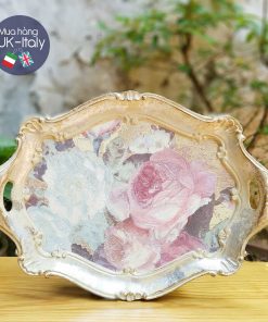 Khay gỗ Florence oval hoa hồng bắp cải tím hồng 47x34cm (L)