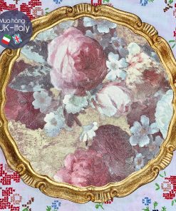 Khay gỗ Florence tròn 33cm hoạ tiết hoa hồng tông tím mauve
