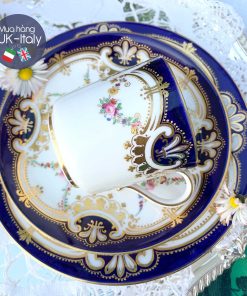 Bộ trà trio cổ Staffordshire mạ vàng nổi xanh Cobalt