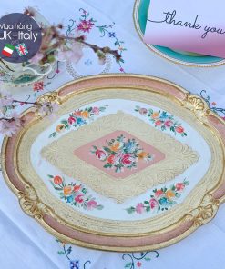 Khay gỗ Florence oval nhún 4 góc màu hồng cá hồi (L)