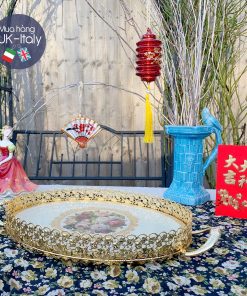 Khay gỗ Florence oval khung kim loại ren đoá hồng cổ