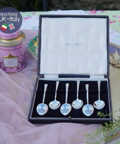 Bộ thìa bạc 925 Anh ruy băng xanh hồng lilac đẹp hiếm