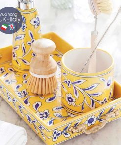 Set khay gốm vàng hoa đựng chổi, cọ