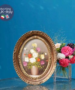 Tranh vẽ tay hoa hồng trắng, đỏ, tím, vàng kèm khung Oval