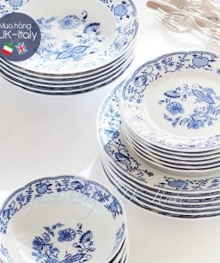 Bộ bát đĩa ăn gốm vẽ tay xanh-trắng