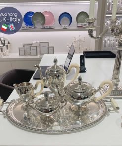 Bộ ấm trà bạc 925 Ý Greggio tay cầm trắng