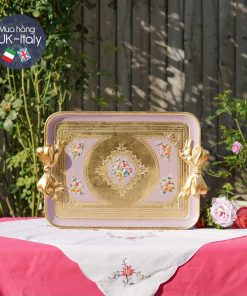 Khay gỗ Florence chữ nhật tay nơ lilac vẽ hoa (XL)