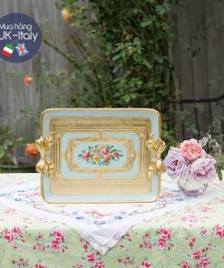 Khay gỗ Florence chữ nhật tay nơ xanh ngọc biển vẽ hoa (L)