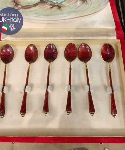 Bộ thì bạc nguyên chất Anh tráng men đỏ lựu