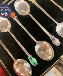 Bộ thìa bạc nguyên chất Anh 6 màu men lục giác