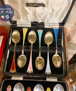 Bộ thìa bạc nguyên chất Anh tráng men 6 màu tay đúc lá điệu