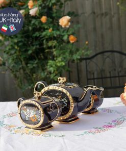 Bộ ấm Sadler đen dáng thùng sồi với hoa