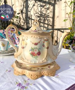 Ấm cổ hoa hồng dải men ngà kèm chân kê