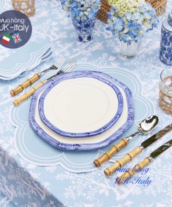 Đĩa ăn lục giác viền thân tre xanh lơ