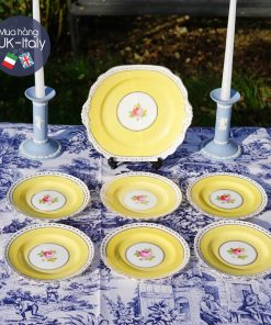 Bộ tách 6 người New Chelsea vàng vẽ tay hoa hồng c.1930