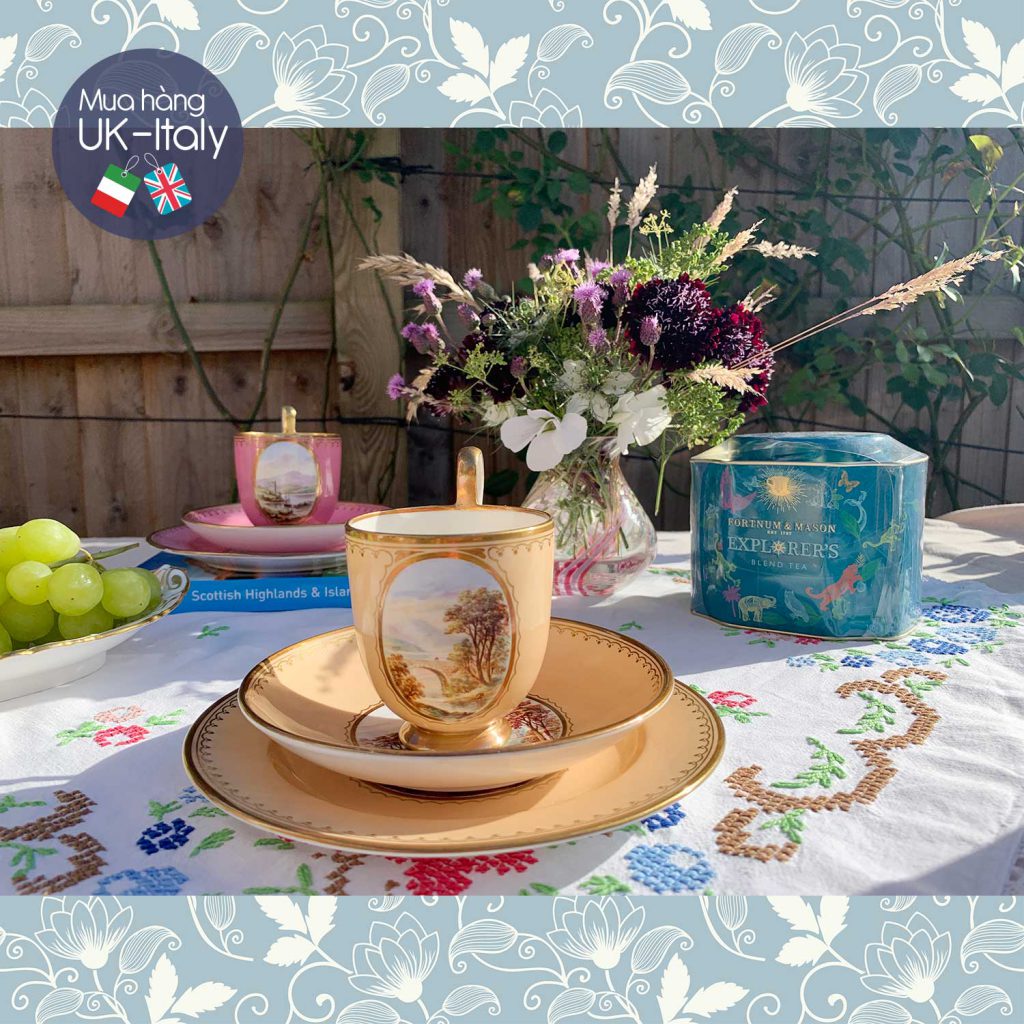 Bộ tách Trio cổ men trứng gà dáng quả chuông vẽ cảnh Scotland