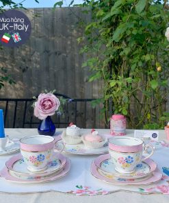 Bộ tách 2 người Bell China hồng hoa men tay