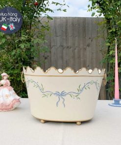 Chậu sắt Decor cây, cắm hoa vẽ tay ruy băng xanh