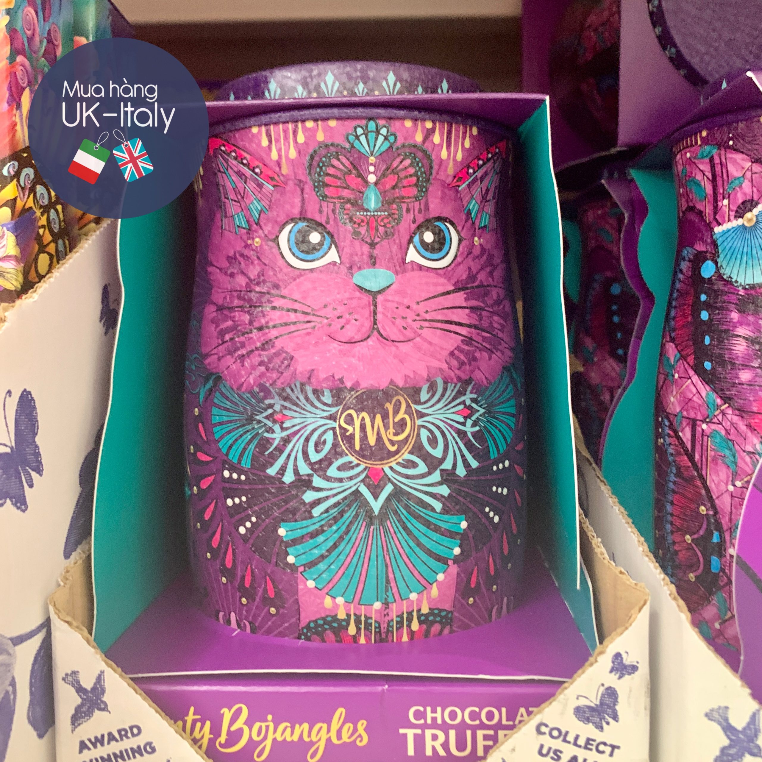 Socola nấm Monty Bojangles hộp sắt hình mèo tím Choccy Scoffy