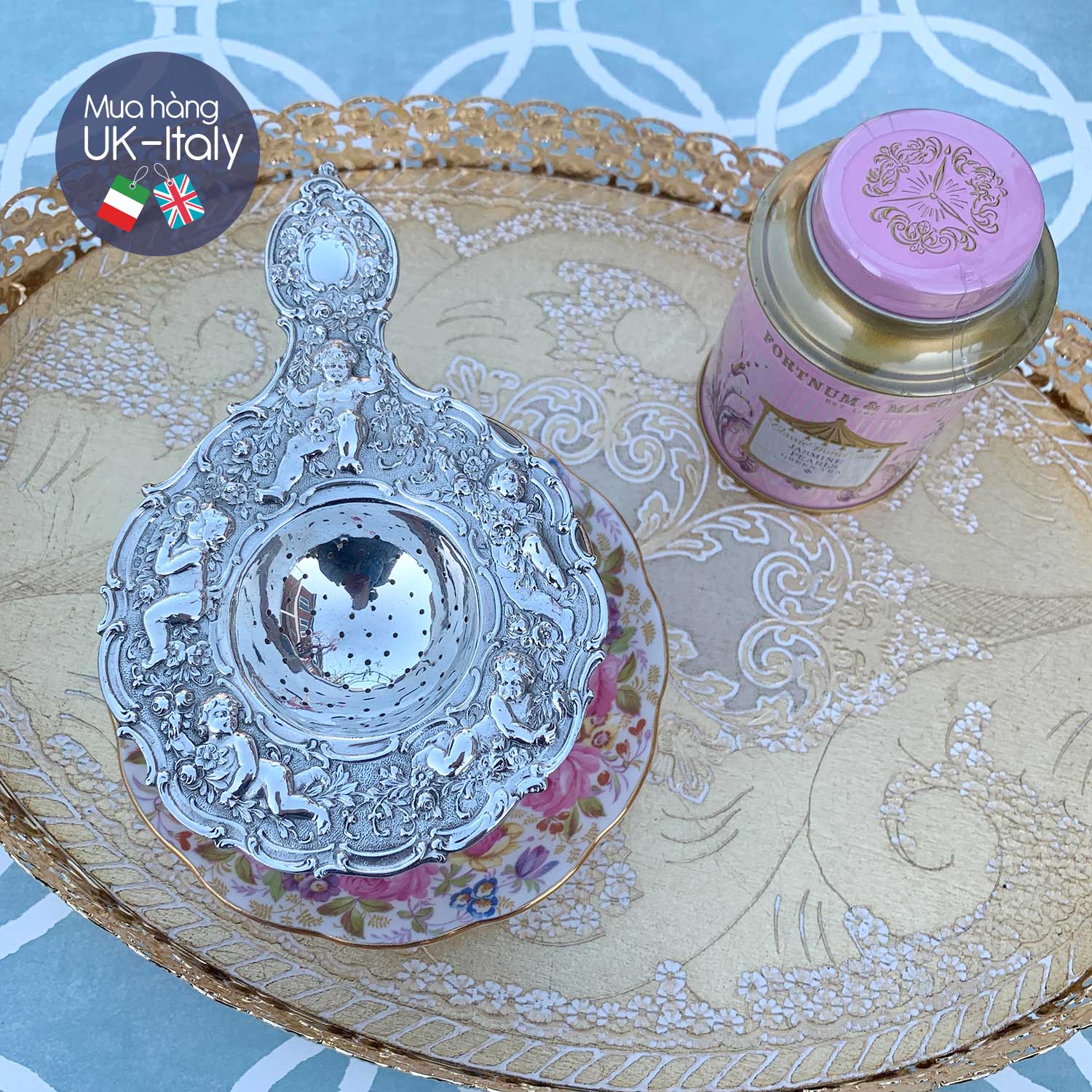 Lọc trà bạc cổ thiên thần và hoa